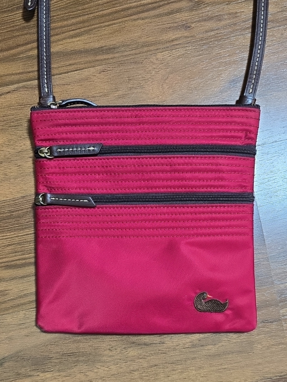 Dooney & Bourke Red Nylon Triple Zip Crossbody Bag with Leather Trim